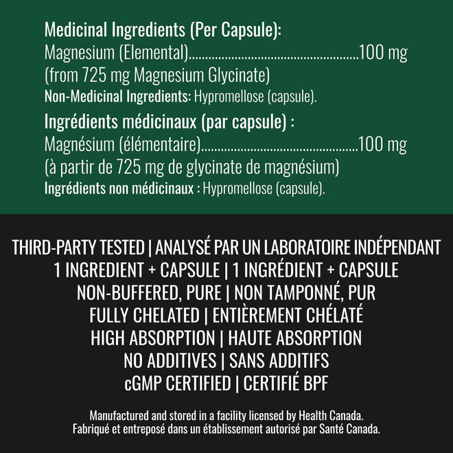 Magnesium Glycinate 100 mg Capsules (Elemental) from Non-Buffered Fully Chelated 100% Magnesium Bisglycinate - 124 High-Absorption Capsules with No Additives - Made in Canada - Nutritionn 🍁 All In One Marketplace Canada