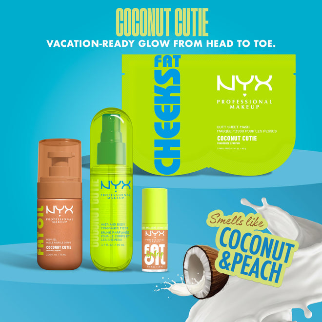 NYX Professional Makeup Fat Oil Body Oil, 24 HR Hydration, Gold Glowy Finish, Non-Sticky High-Shine Vegan Formula, Shimmering Luminous Skin, Coconut Cutie: Coconut & Peach Scent, 70 ml 🍁 All In One Marketplace Canada