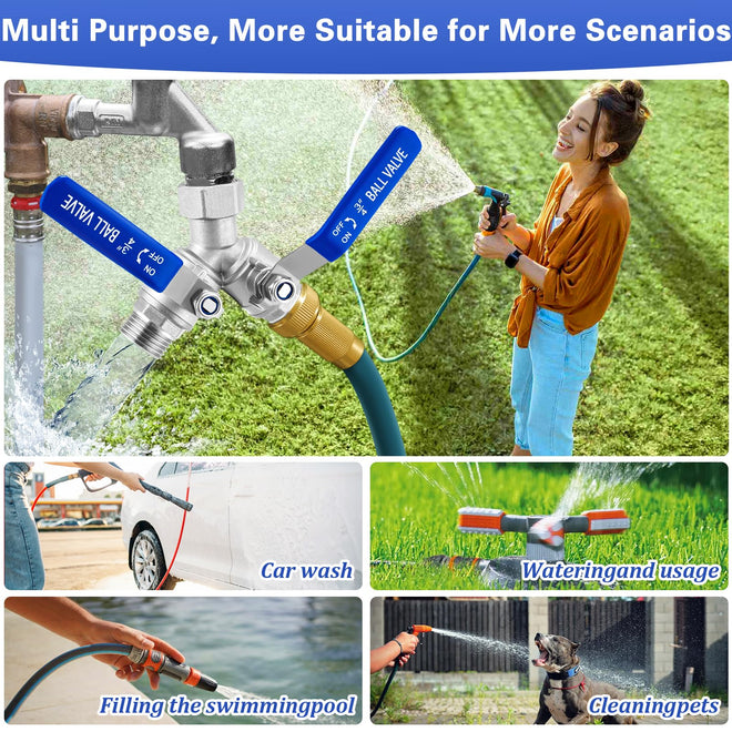 Garden Hose Splitter 2 Way, 304 Stainless Steel Heavy Duty Water Hose Splitter with Long Handle, 3/4" GHT Thread Y Valve Water Garden Hose Tap Adapter, Full Flow Water Splitter Connector 🍁 All In One Marketplace Canada