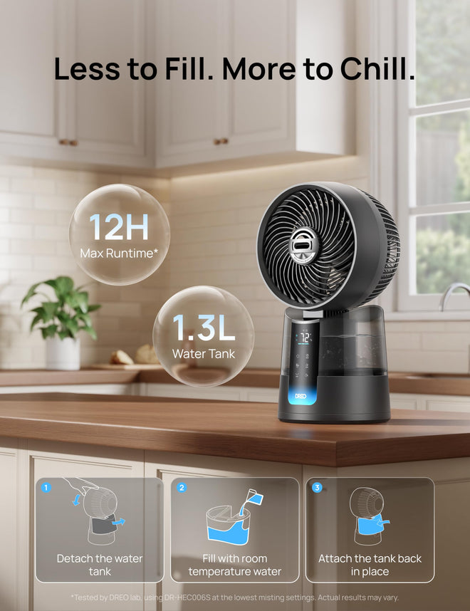DREO TurboCool Misting Fan 516S, 150°+30°Omni-directional Oscillating Cooling Desk Fans that Blow Cold Air, 26 ft/s,Evaporative Air Cooler, 20dB, 6 Speeds 2 Modes, Remote & APP, RGB, Indoor, Grey 🍁 All In One Marketplace Canada