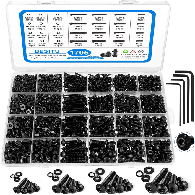 1705 Pcs Machine Screw Assortment Kit, M2 M3 M4 M5 Metric Bolts and Nuts Kit with Lock and Flat Washers, Hex Button Head 10.9 Alloy Steel Cap Screw Set with Allen Wrench 🍁 All In One Marketplace Canada