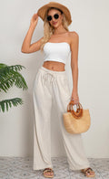 AISEW Women's Cotton Linen Palazzo Pants Drawstring Elastic Waist Casual Wide Leg Long Lounge Trousers with Pockets (Beige, 7031M) 🍁 All In One Marketplace Canada