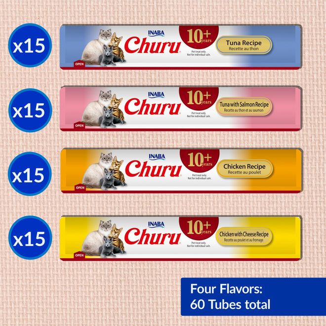 INABA Churu for Senior 10+, Creamy Lickable Cat Treats with Taurine, Vitamin E & C, 14 Grams Each, 60 Tubes, Tuna & Chicken Variety 🍁 All In One Marketplace Canada