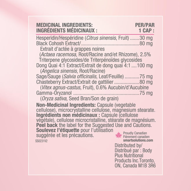 Smart Solutions Menosmart+ Vegetarian Capsules, Reduces Hot Flashes and Night Sweats, Promotes a Calm Mood, and Relieves Menopause Symptoms. With Sage, Black Cohosh, and Chasteberry, Gluten-Free, 120 Count 🍁 All In One Marketplace Canada
