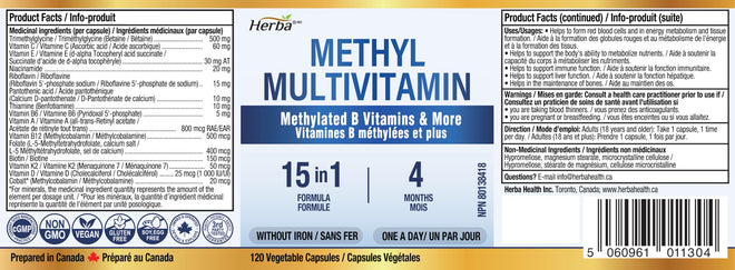 Herba Methylated Multivitamin with 500mg TMG & Methylated B Complex - 120 Capsules | 15 in 1 Formula | B Complex Vitamins for Women & Men including Methyl Folate Supplement | Vegan | Made in Canada 🍁 All In One Marketplace Canada