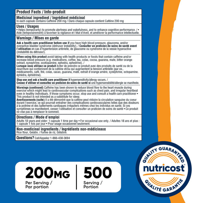 Nutricost Caffeine Pills (200mg) 500 Capsules 🍁 All In One Marketplace Canada
