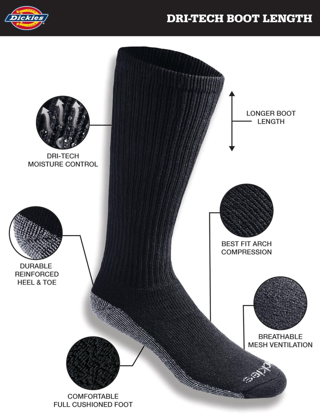 Dickies Men's Multi-Pack Dri-tech Moisture Control Boot-Length Socks, Black (6 Pairs), Shoe Size: 6-12 🍁 All In One Marketplace Canada