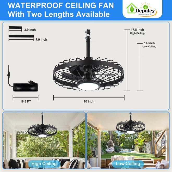 Depuley Outdoor Ceiling Fan with Light: 20 Inch Waterproof Gazebo Fans with Lights Outdoor Hanging - Plug in Remote App Control Caged Fans for Patios Pergola Porch Canopy - 6 Speed Black 🍁 All In One Marketplace Canada