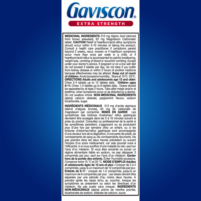 Gaviscon Extra Strength Tablets - 120 Count - Chewable Foaming Antacid Tablets for Day and Night Heartburn Relief, Acid Reflux and GERD Relief, Cooling & Refreshing Peppermint - Free of Aluminum 🍁 All In One Marketplace Canada