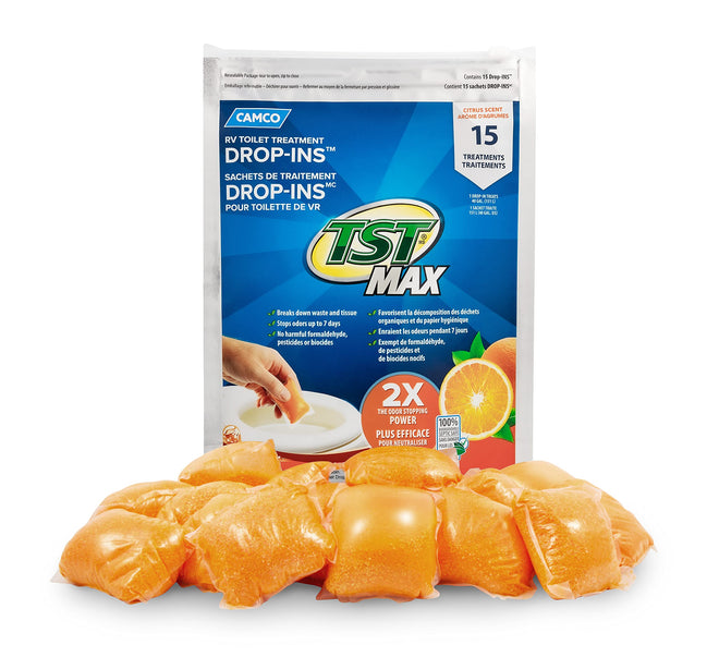 Camco TST MAX Camper/RV Toilet Treatment Drop-INs - Control Unwanted Odors and Break Down Waste and Tissue - Safe Septic Tank Treatment - Orange Scent, 15-Pack (41180) 🍁 All In One Marketplace Canada
