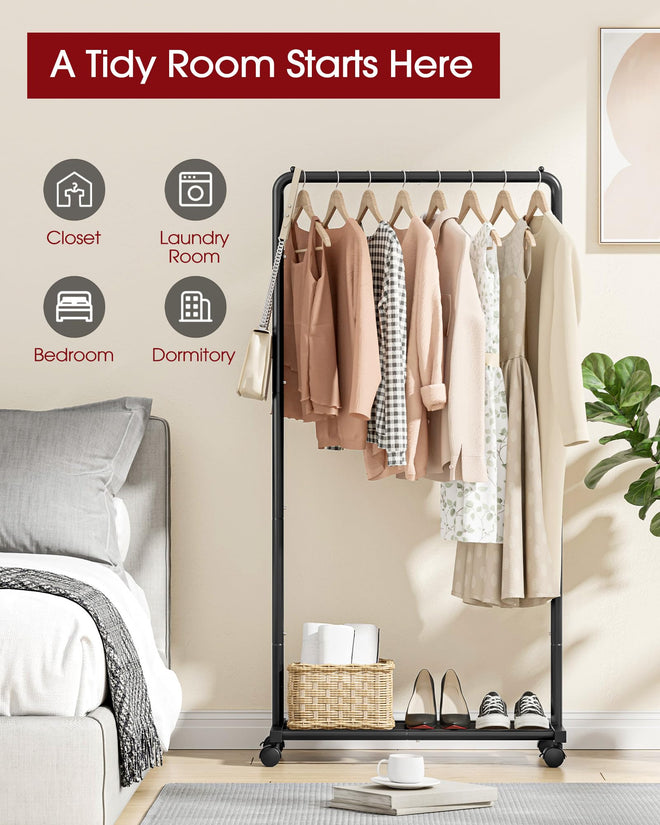 Sakugi Clothing Rack - Movable Multi-Functional Coat Rack with 4 Universal Wheels, Long-Lasting Metal Clothes Rack with Extra Storage Shelf for Bedroom, Office, Laundry(Black, 73W x 43.5D x 150H cm) 🍁 All In One Marketplace Canada