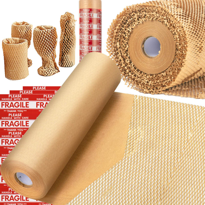 Honeycomb Packing Paper, MINHAO 15"x230' Eco Friendly Packing Paper for Moving Recyclable Honeycomb Paper Moving Supplies Bubble Wrapping Protective Roll, With 36 Fragile Sticker Labels 🍁 All In One Marketplace Canada