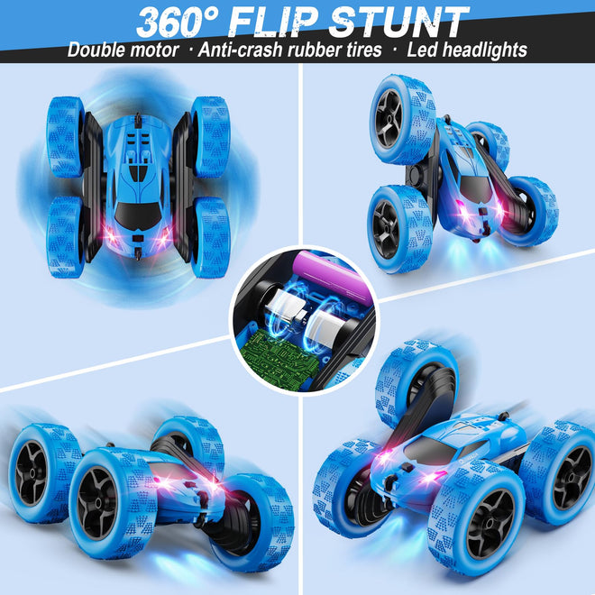 QUNREDA Remote Control Car for Kids Ages 6+, RC Cars Stunt Car Toy 4WD Double Sided 360° Rotating Remote Control with Headlights, Birthday Xmas Gifts for Boys 6 7 8 9 10 11 12 1-Blue 🍁 All In One Marketplace Canada