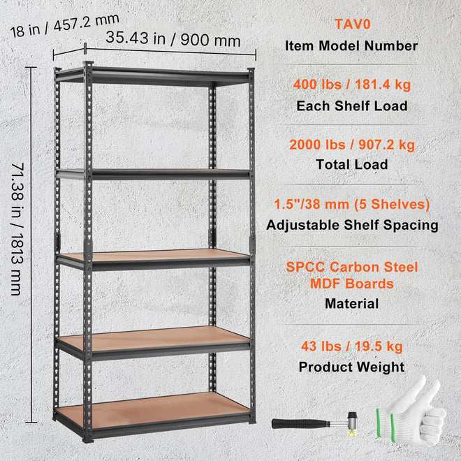 VEVOR Storage Shelving Unit, 5-Tier Adjustable, 2000 lbs Capacity, Heavy Duty Garage Shelves Metal Organizer Utility Rack, Black, 36" L x 18" W x 72" H for Kitchen Pantry Basement Bathroom Laundry 🍁 All In One Marketplace Canada