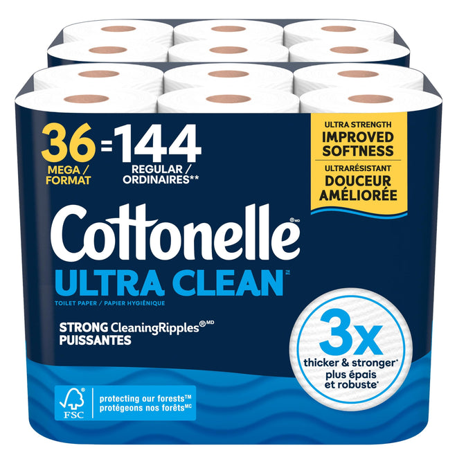 Cottonelle Toilet Paper, 36 Mega Rolls = 144 Regular Rolls (2 Packs of 18), Ultra Clean, Strong Bathroom Tissue, 284 Sheets per Roll, Packaging May Vary 🍁 All In One Marketplace Canada