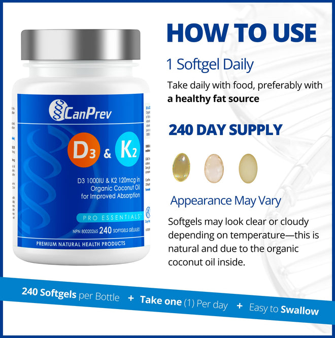 CanPrev - D3 & K2 Vitamin Supplement 240 Softgels 240-Day Supply, K2 MK7 Cholecalciferol Vitamin D3 Supplement, Organic Coconut Oil for Improved Absorption - Helps Build & Maintain Teeth & Bone Health 🍁 All In One Marketplace Canada