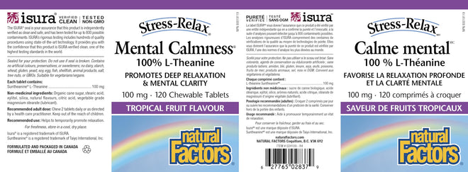 Natural Factors Stress Relax Mental Calmness, 120 Chewable Tablets, Tropical Fruit Flavour, Suntheanine L Theanine 100 mg, Promotes Deep Relaxation, Stress Relief, Proudly Canadian 🍁 All In One Marketplace Canada