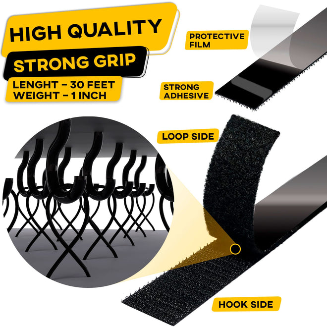 Hook and Loop Tape Roll with Heavy Duty Adhesive Industrial Strength Easy to Cut, Strong Hook and Loop Strips with Sticky Back, Black (Black, 1 Inch x 30 Feet) 🍁 All In One Marketplace Canada