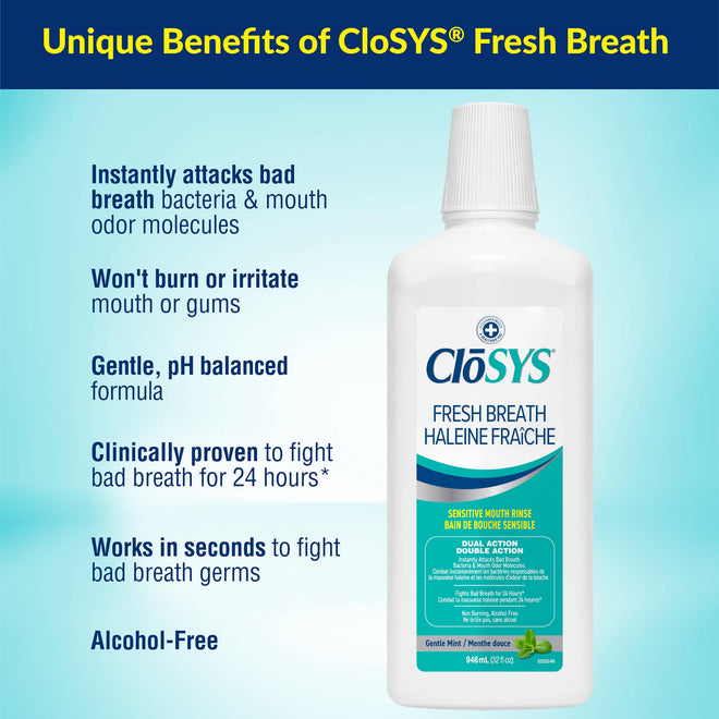 CloSYS Sensitive Fresh Breath Mouthwash - Gentle Mint, Alcohol-Free, Dye-Free, pH Balanced - Soothe Mouth Sensitivity, Eliminate Bad Breath (Flavored) Rinse 32oz 🍁 All In One Marketplace Canada