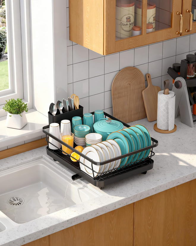 Sakugi Dish Drying Rack - Compact Dish Racks with Drain Board for Kitchen Counter, Durable Stainless Steel Dish Rack Used in Sink & on Countertop, Dark Black, Large 🍁 All In One Marketplace Canada