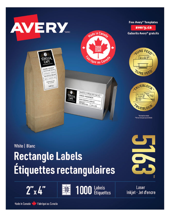 Avery TrueBlock Shipping Labels for Inkjet/Laser Printers, 2" x 4", White, Rectangle, 1000 Labels, Permanent (5163) Made in Canada 🍁 All In One Marketplace Canada