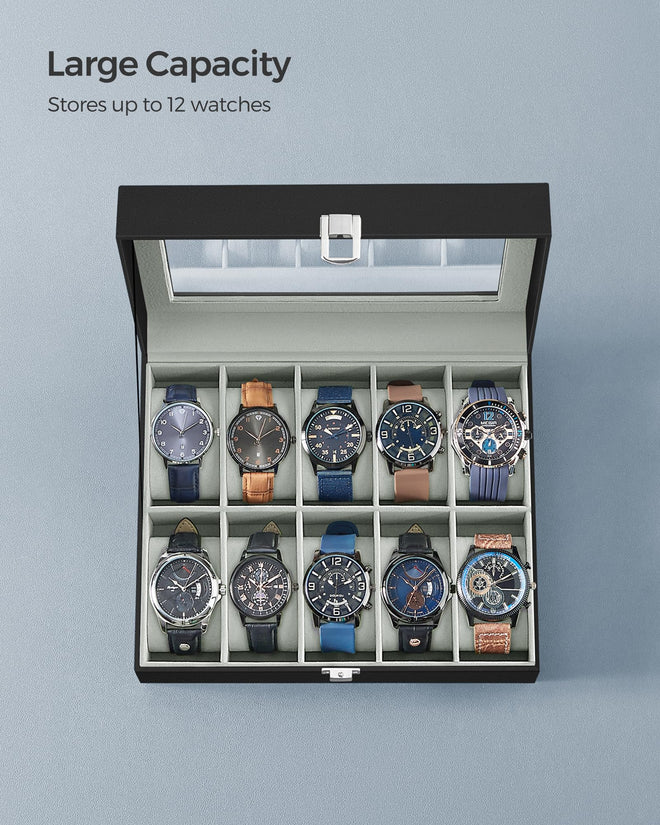 SONGMICS Watch Box, 10-Slot Watch Case Organizer with Large Glass Lid, Removable Pillows, Gift for Loved Ones, Black Synthetic Leather, Gray Lining UJWB010BK 🍁 All In One Marketplace Canada