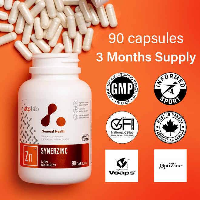 ATP LAB - Synerzinc, 90 Capsules 90-Day Supply - Zinc Supplement An Essential Mineral - Helps to Maintain Healthy Skin and Immune Function - Helps to Produce and Repair Connective Tissue 🍁 All In One Marketplace Canada