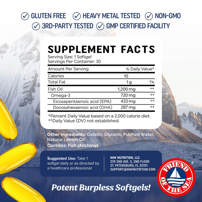 Triple Strength Omega 3 Fish Oil 1200 mg | EPA & DHA | Wild Caught, Sustainably Sourced Omega-3 Fatty Acids | Premium Burpless Fish Oil Supplements | Clean Label Certified, Third-Party Tested | 30 Ct 🍁 All In One Marketplace Canada