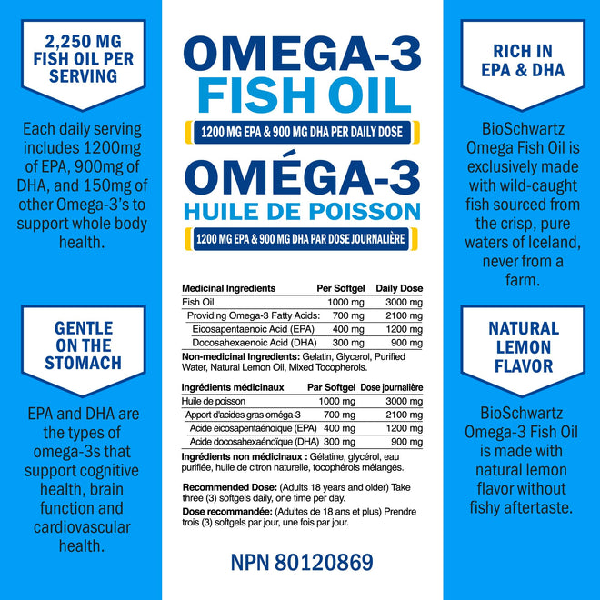 Fish Oil Omega 3 EPA & DHA 2250 mg | Burpless Lemon Flavor Triple Strength Supplement with Fatty Acids from Wild Icelandic Fish | Supports Joint, Eyes, Brain & Skin Health | Non GMO | 90 Softgels 🍁 All In One Marketplace Canada