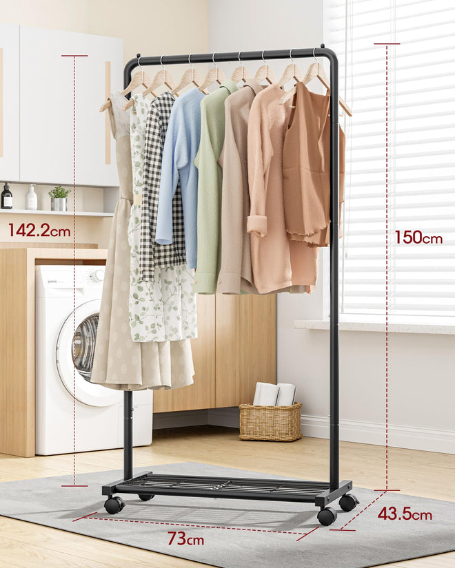 Sakugi Clothing Rack - Movable Multi-Functional Coat Rack with 4 Universal Wheels, Long-Lasting Metal Clothes Rack with Extra Storage Shelf for Bedroom, Office, Laundry(Black, 73W x 43.5D x 150H cm) 🍁 All In One Marketplace Canada