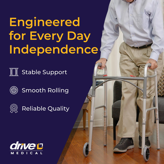 Drive Medical Two-Button Folding Walker w/ Wheels - Lightweight Rolling Mobility Support - Desk Arms - Adjustable Height - Dual Push-Button Operation - 5 Inch Front Wheels - Durable Aluminum - Silver 🍁 All In One Marketplace Canada