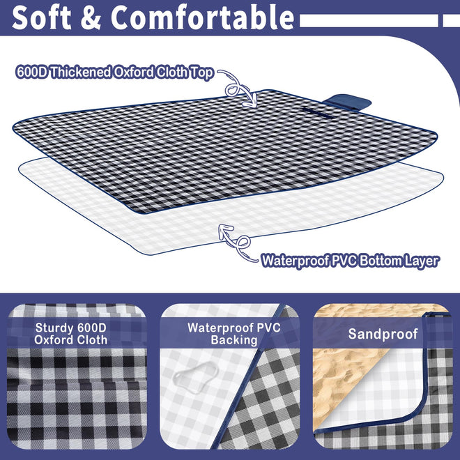 Extra Large Outdoor Picnic Blanket, 79"x79" Waterproof Picnic Mat, Sandproof Beach Blanket Portable Camping Blanket Lightweight for Park Beach Camping Courtyard (Dark Blue) 🍁 All In One Marketplace Canada