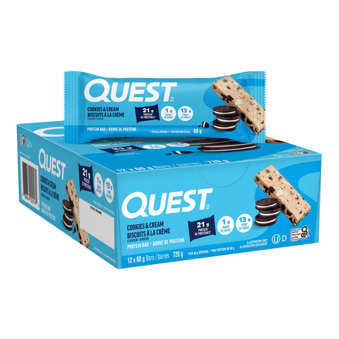 Quest Nutrition Cookies & Cream Flavour Protein Bar, High Protein, High Fibre, Low Sugar, Keto Friendly, 21g Protein, 1g Sugar, 12ct 🍁 All In One Marketplace Canada