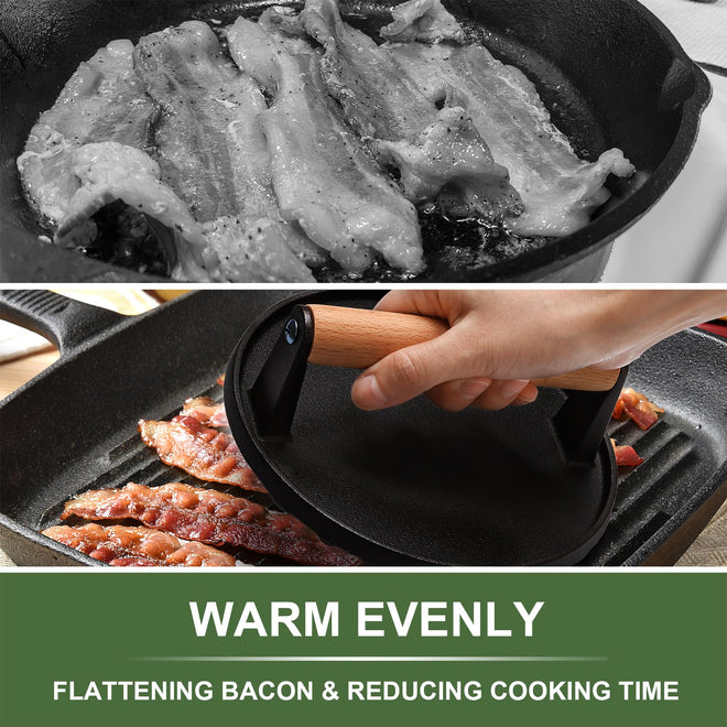 EWFEN Burger Press, 7" Round & 8.2"X4.3" Rectangle Heavy-Duty Cast Iron Smash Bacon Press Meat Steak with Wood Handle for Griddle, Sandwich, Nonstick Pan 🍁 All In One Marketplace Canada