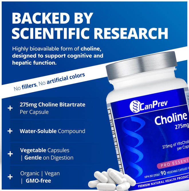 CanPrev Choline 275mg 90 Veggie Capsules, 90-Day Supply, VitaCholine for Cognitive Function, Memory & Focus, Vegan, Non-GMO, Gluten & Soy-Free, Supports Pregnancy, Liver & Heart Health, Made in Canada 🍁 All In One Marketplace Canada