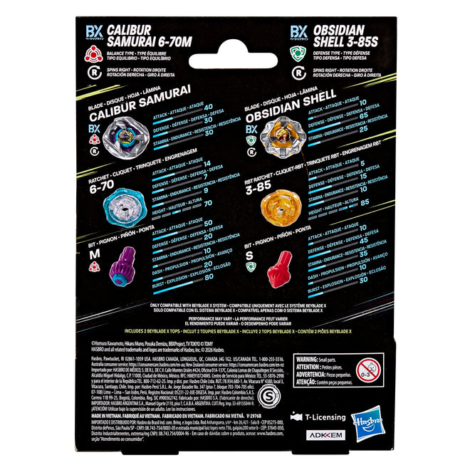 Beyblade X Calibur Samurai 6-70M BX & Obsidian Shell 3-85S BX Takara Tomy Dual Pack Set with 2 Right-Spinning Tops, Battling Tops Game Toys, Ages 8+ 🍁 All In One Marketplace Canada