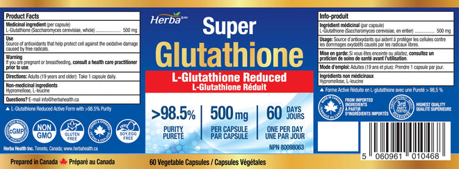 Herba Glutathione Supplement 500mg - 60 Vegetable Capsules | L Glutathione Reduced Active Form | Super Glutathione 500mg Capsule for Antioxidants | >98.5% Purity | Made in Canada 🍁 All In One Marketplace Canada