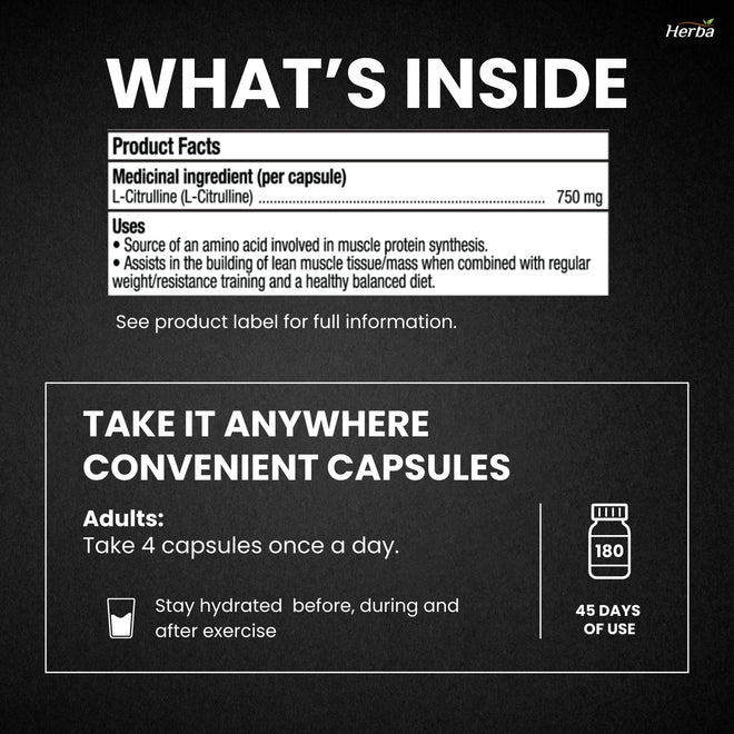 Herba L-Citrulline Capsules 750mg – 180 Capsules | 3,000mg Per Serving | Ultra Pure >98% | L Citrulline Nitric Oxide Supplement | Made & 3rd Party Tested in Canada 🍁 All In One Marketplace Canada