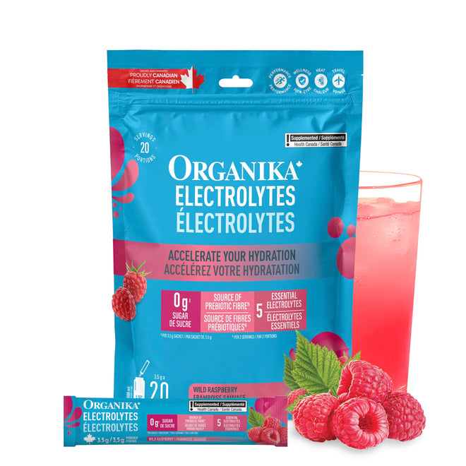 Organika Canadian-Made Electrolytes Powder with Vitamin C & Prebiotic Fibre - Sugar-Free Hydration Drink Mix - Wild Raspberry - 20 Single-Serve Sachets x 3.5g 🍁 All In One Marketplace Canada