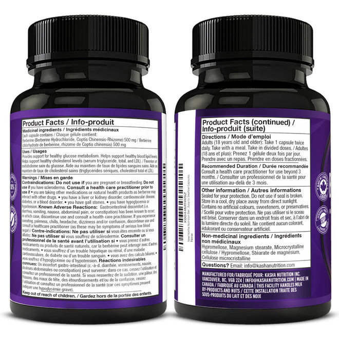 Maximum Strength Berberine Supplement 1000 mg Per Serving (500mg Per Capsule). Supports Healthy Glucose (Blood Sugar) and Lipid (Fats) Metabolism. Non-GMO, Vegan, Gluten-free. Bulk 120 Capsules. Proudly Canadian. Easy to Swallow. Kasha Nutrition
