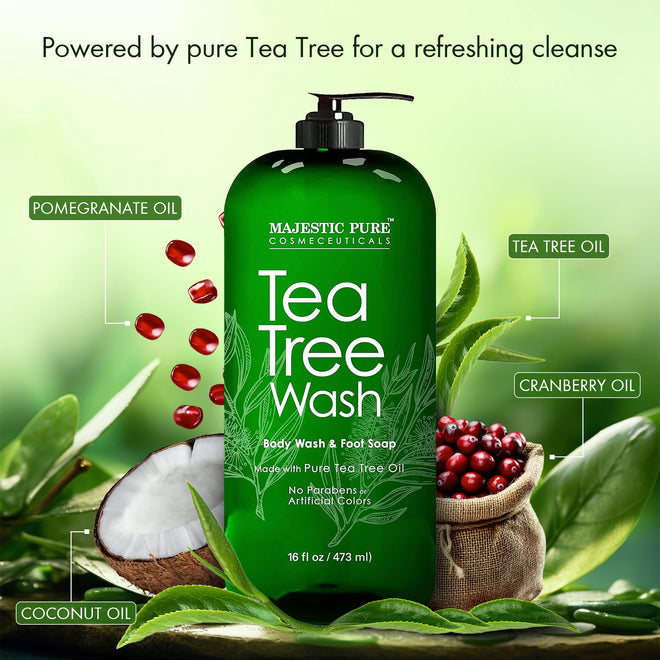 MAJESTIC PURE Tea Tree Body Wash with Collagen - Helps Nail Fungus, Athletes Foot, Ringworms, Jock Itch, Acne, Eczema & Body Odor - Soothes Itching - (Packaging May Vary), 16 fl oz 🍁 All In One Marketplace Canada