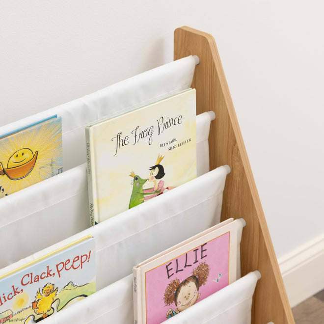 Humble Crew Kids Bookshelf 6-Tier Book Rack Organizer, Extra Large Toddler Bookcase with Fabric Storage Pockets, Front-Facing Display for Children’s Books, White/Natural Wood, Nursery/Playroom Storage 🍁 All In One Marketplace Canada