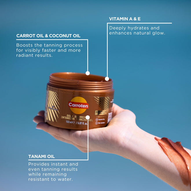 Carroten Gold Shimmer Tanning Gel | Browning Indoor/Outdoor Tan Accelerator | Non-Greasy, Water-Resistant with Carrot & Coconut Oil | Vitamin A & E For Moisture & Hydration | Made in Greece | 5 Fl Oz 🍁 All In One Marketplace Canada