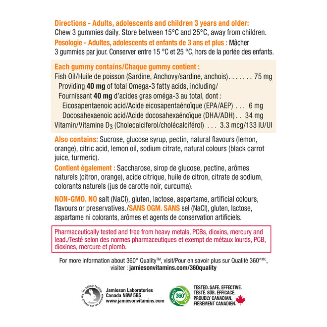 Jamieson Omega-3 Gummy with Vitamin D3, 90 Gummies, Orange and Lemon Flavours, Family Friendly (3+). Supports Brain Health and Immune Health, Non-GMO No Artificial Colours, Flavours, or Preservatives 🍁 All In One Marketplace Canada