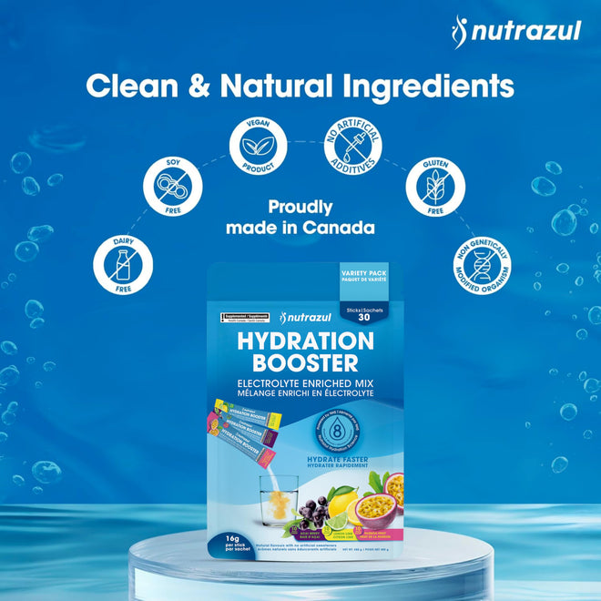Nutrazul Hydration Booster, Electrolytes Powder Sticks with Sodium, Potassium, Vitamin B6 & B12, No Artificial Sweeteners, Acai Berry, Lemon Lime, Passion Fruit Flavour, 30 Sticks 🍁 All In One Marketplace Canada