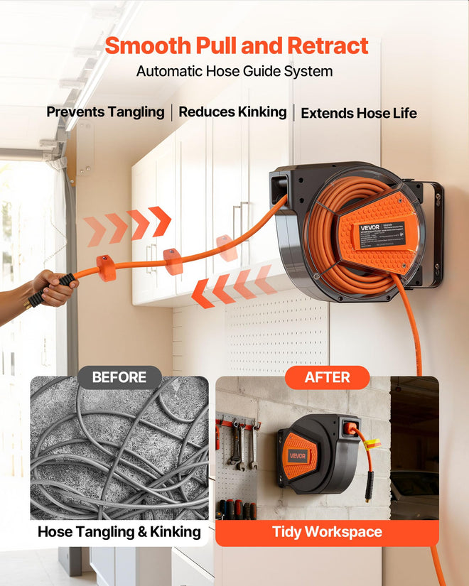 VEVOR Retractable Air Hose Reel, 1/4 Inch x 50 FT Hybrid Air Hose Max 300PSI, Enclosed Air-Compressor Hoses Reel Auto Rewind with 6.6 ft Lead in & Blow Gun, 180° Swivel Ceiling/Wall Mount 🍁 All In One Marketplace Canada