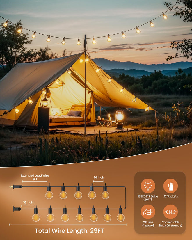 Outdoor String Lights 25 Feet G40 Globe LEDs Patio Lights with 13 Edison LED Bulbs(1 Spare), Waterproof Connectable Hanging Light for Backyard Porch Balcony Party Decor, E12 Socket Base, Black 🍁 All In One Marketplace Canada
