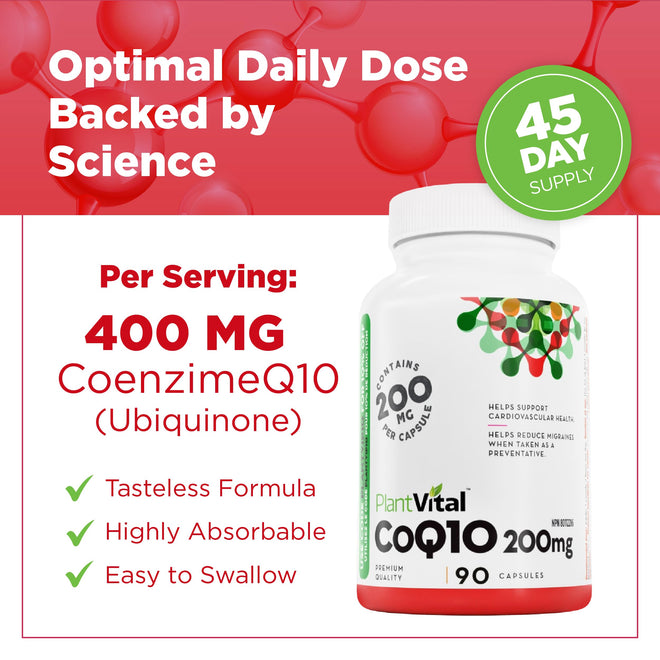 PlantVital Coenzyme Q10 - Made in Canada - 400mg (2 capsule per day) - CoQ10 Supplement - Support Cardiovascular Health - High-Potency - Helps Reduce Migraine Frequency - 45 Days Supply - 90 Capsules 🍁 All In One Marketplace Canada