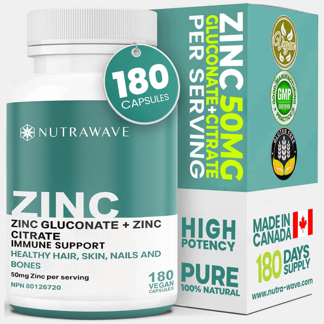 Nutrawave 2-IN-1 Zinc Supplements, High Absorption Formula 50 mg Zinc Gluconate + Zinc Citrate Chelated Stomach-Friendly Immune Booster, Healthy Skin, Hair, Nails & Bones, For Men & Women, Vegan, 6-Month Supply 🍁 All In One Marketplace Canada