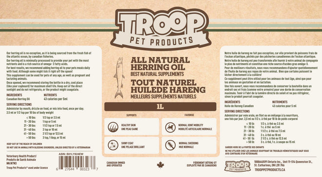 Troop Pet Products, Canadian Herring Oil, Natural Omega 3 Supplement for Improved Stamina, Immune System, Decreased Shedding, (1000ml) 🍁 All In One Marketplace Canada